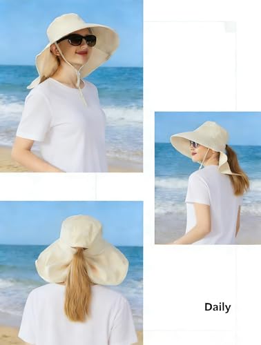 Women Wide-Brim-Bucket-Ponytail-Sun-Hats - Summer UV Protection Sun Hat Foldable Fishing Hat with Neck Flap Pony Hole