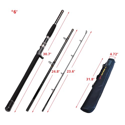 Portable Saltwater Offshore Heavy 3-Piece Travel Graphite Baitcasting Fishing Poles Casting Boat Jigging Trolling Conventional Rods with Rod Case Bag (6'/7'/8') - size: 6'