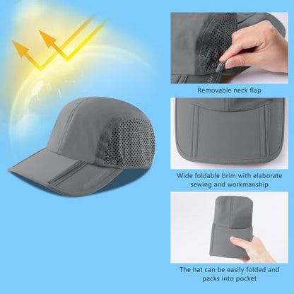 BASSDASH UPF 50+ Foldable Fishing Hat Baseball Cap with Removable Neck Flap Portable for Men Women Golf Hiking - color: Light Grey With Foldable Brim