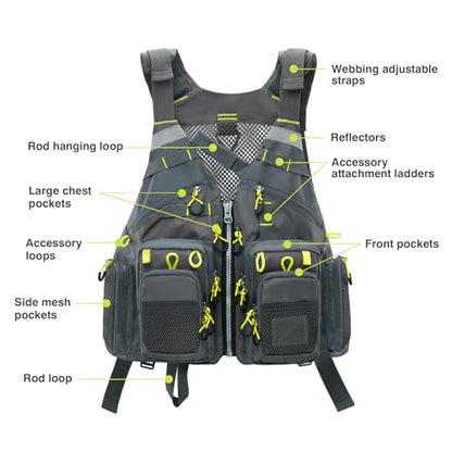 Gonex Fly Fishing Vest for Men Women, Comfortable Adjustable Fishing Vest with Multi-Pockets Reflective Stripes - color: Gray+yellow
