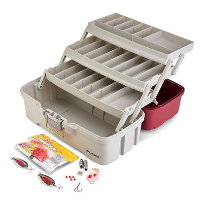 Plano Three-Tray Tackle Box Salmon Kit, Maroon/Grey, Rust-Proof Brass Latch, Top-Access Tray Compartments with Deep Storage, Made in the USA, Portable Fishing Gear Storage Organizer - style: Salmon