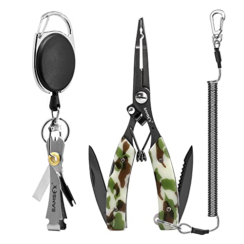 SAMSFX Locking Fishing Pliers Saltwater Resistant Teflon Coated Briad Line Cutters with Wire Coiled Lanyard, Sheath & Quick Knot Tool Combo - color: Army Green Camouflage