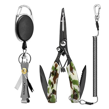 SAMSFX Locking Fishing Pliers Saltwater Resistant Teflon Coated Briad Line Cutters with Wire Coiled Lanyard, Sheath & Quick Knot Tool Combo - color: Army Green Camouflage
