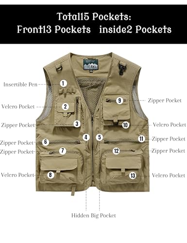 Men's Lightweight Mesh Fishing Vest Utility Outdoor Multi-Pocket Hunting Cargo Vest - color: Khaki, size: 3X-Large