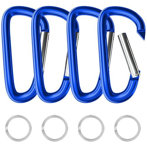 sprookber 4" & 5" Extra Large Aluminum Carabiner D Ring, Caribeener Clips, Spring Snap Hook for Keychain Clip, Set of 4 - color: blue-4", size: 4 inch