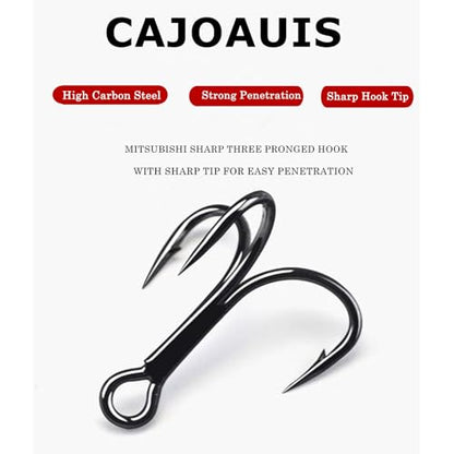 CAJOAUIS100pcs Fishing Treble Hooks Sharp Black Treble Fishing Hooks Round Bend Strong High Carbon Steel Barbed Fish Hook for Catfish Bass Trout Freshwater Saltwater Size: 2#-12# - size: 8#-100pcs