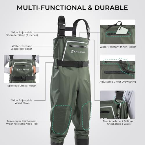 Calamus WaveWalker Fishing Waders for Men & Women, 100% Waterproof PVC Waders with Slip-Resistant Boots, Tear-Resistant Nylon - color: Military Green, size: M5/W7