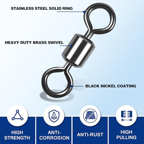 Barrel Swivels Fishing Tackle, 20/80pcs Heavy Duty Fishing Swivel Connector Stainless Steel Black Nickel Rolling Swivels Saltwater Freshwater 30-1322lb - size: 80pcs--6/0--350lb