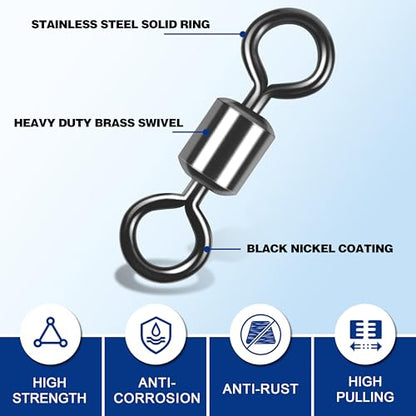 Barrel Swivels Fishing Tackle, 20/80pcs Heavy Duty Fishing Swivel Connector Stainless Steel Black Nickel Rolling Swivels Saltwater Freshwater 30-1322lb - size: 80pcs--1/0--135lb