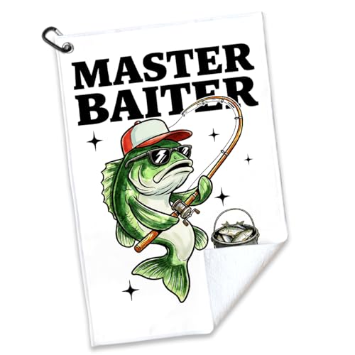 Master Baiter Polyester Printed Towel with Clip, Funny Bass Fish Fishing Gifts & Accessories for Men Fishmen Dad Grandpa, Fishing Lover Retirement Father's Day Birthday Gifts - color: White & Blue