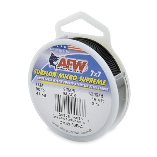 American Fishing Wire Surflon Micro Supreme Nylon Coated 7x7 Stainless Steel Leader Wire - Knottable Wire Leaders for Fishing Saltwater, Fly Fishing, 13lb Test - 90lb Test, Bright, Black & Camo Colors - color: Black, style: 5 Meter, 90 Pound Test