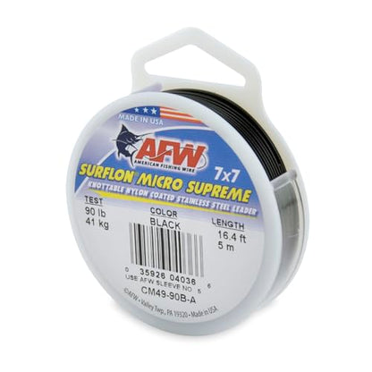 American Fishing Wire Surflon Micro Supreme Nylon Coated 7x7 Stainless Steel Leader Wire - Knottable Wire Leaders for Fishing Saltwater, Fly Fishing, 13lb Test - 90lb Test, Bright, Black & Camo Colors - color: Black, style: 5 Meter, 90 Pound Test