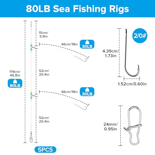 Realure 5 Pack Pre-Tied High-Low Surf Fishing Rigs, 3 Sizes 1/0#-3/0# Double Hook Bottom Rig, Hand Tied Saltwater Tackle for Flounder, Cod, Striped Bass, Whiting, Redfish Pier Surf Casting - size: 5Pcs 2/0#