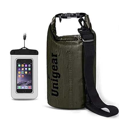 Unigear Dry Bag Waterproof, 2L/5L/10L/20L/30L/40L Floating and Lightweight Bags for Kayaking, Boating, Fishing, Swimming and Camping with Waterproof Phone Case - color: Army Green, size: 5L