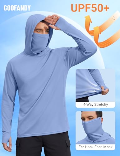 COOFANDY Mens UPF 50+ Sun Protection Hoodie with Mask Lightweight Long Sleeve SPF Fishing Shirts UV Hiking Running Rash Guard - color: Light Blue, size: Small