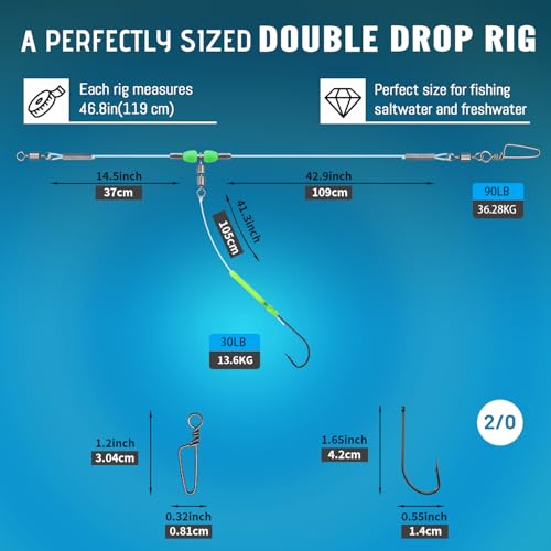 Narcissus 5PCS Sea Fishing Rigs, Pre-Tied Flapper with Size 1/0 & 2/0 Hooks, Anti-Tangle Snap, 1-3 Hooks, Gaps (45cm, 52cm, 80cm), Ready for Beach Fishing - color: 5pcs- Single hook- size 2/0