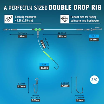 Narcissus 5PCS Sea Fishing Rigs, Pre-Tied Flapper with Size 1/0 & 2/0 Hooks, Anti-Tangle Snap, 1-3 Hooks, Gaps (45cm, 52cm, 80cm), Ready for Beach Fishing - color: 5pcs- Single hook- size 2/0
