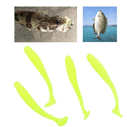 Tbest 50 Pcs 5cm Soft Fishing Lures, Plastic Fishing Bait T-Tail Grub Worm Baits Fish Tackle Accessory 9 Colors - color: Yellow