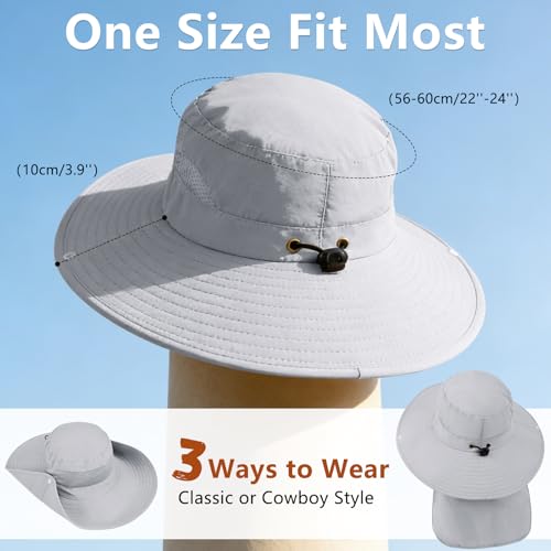 ZOORON Sun Hats for Men Women Fishing Hat with Neck Flap,UPF 50+ Sun Hat Waterproof Wide Brim Bucket Hats for Safari Hiking - color: 1-light Grey(neck Flap)