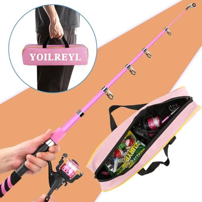 Collapsible Telescopic Fishing Rod and Reel Combo Push Button Small Fishing Pole Kit Beginner Youth Boys Fishing Starter Set Tackle - color: Pink, size: 5.9FT