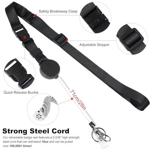 DELSWIN Heavy Duty Retractable Lanyard - 2 Pack Breakaway Lanyards for ID Badges Keys, Retractable Keychain with Upgraded Badge Reel, Lobster Clip, and Key Ring, 10 oz Retraction - color: Black - 2-pack Lanyard
