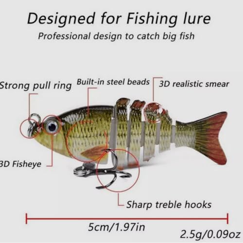 Mini Fishing Lures Multi Jointed Fish Fishing Slow Sinking Lifelike Swimbait Freshwater and Saltwater Crankbaits for Bass Trout Bass Lures 2in/0.08oz 12#Hook - color: 6# 1Pcs