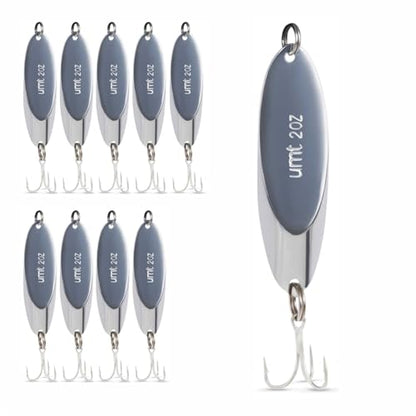 UMT Chrome Fishing Spoon Lure 3/4oz,1oz, 2oz – Sharp 3/0 Treble Hook for Freshwater & Saltwater Bluefish, Trout, Steelhead 1, 5, 10 Pack Options - size: 10 Pack