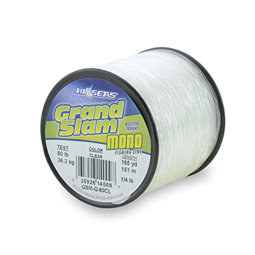 HI-SEAS Grand Slam Monofilament Fishing Line - Strong & Abrasion Resistant in Clear, Pink, Green, Smoke Blue, Fluorescent Yellow Freshwater & Saltwater – Quarter Pound Spool - color: Clear, style: 80 Lb Test, 0.90 Mm Dia, 165 Yd