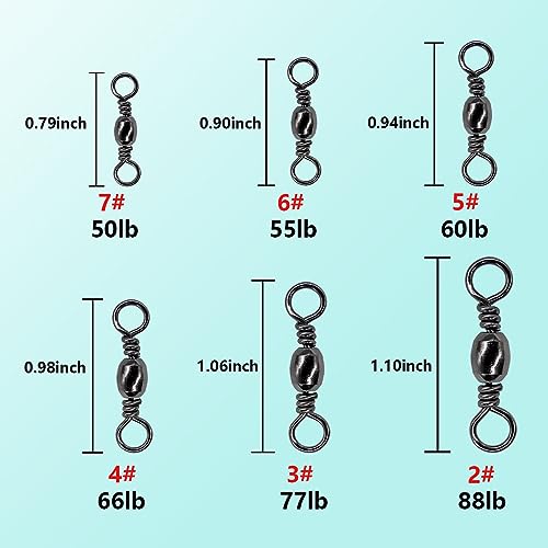 Fishing Barrel Swivels Kit, 300pcs Stainless Steel Rolling Bearing Snap Connector for Saltwater Freshwater Fishing#2#3#4#5#6#7 - style: B Style: 6 Sizes - 300pcs