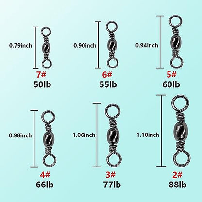 Fishing Barrel Swivels Kit, 300pcs Stainless Steel Rolling Bearing Snap Connector for Saltwater Freshwater Fishing#2#3#4#5#6#7 - style: B Style: 6 Sizes - 300pcs