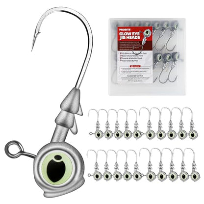 Glow Eye Jig Head, 20pcs Jig Heads Fishing Hooks with Luminous Eyes, 4 Sizes Assorted, Sharp Hook for Soft Lures, Saltwater & Freshwater Fishing - size: Mixed Size