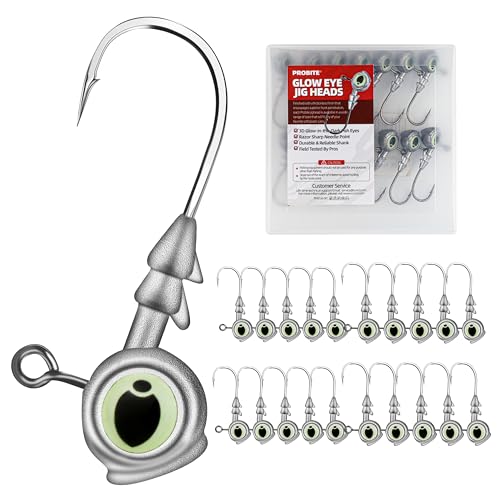 Glow Eye Jig Head, 20pcs Jig Heads Fishing Hooks with Luminous Eyes, 4 Sizes Assorted, Sharp Hook for Soft Lures, Saltwater & Freshwater Fishing - size: Mixed Size