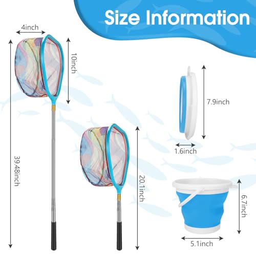 Kids Fishing Net, 2 Pack Telescopic Fishing Landing Net with Aluminum Pole Handle for Kids, Collapsible Bucket Kids Sand Pail, Fishing Net Butterfly Nets for Kids, Outdoor Playing - color: Red Blue