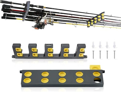 Booms Fishing Rod Holder for Garage: Wall Mount Fishing Pole Holders for Garage | Fishing Rod Rack Holds Up to 10 Rods, Vertical/Horizontal/Ceiling Fishing Pole Racks, WV4 Gray + Yellow - color: Gray + Yellow