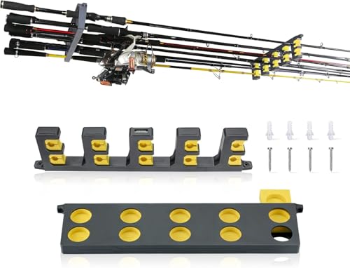 Booms Fishing Rod Holder for Garage: Wall Mount Fishing Pole Holders for Garage | Fishing Rod Rack Holds Up to 10 Rods, Vertical/Horizontal/Ceiling Fishing Pole Racks, WV4 Gray + Yellow - color: Gray + Yellow