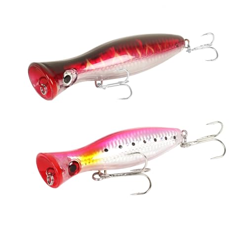 Large Top Water Popper Lure: 2pcs 3D Eyes Tuna Popper Saltwater Fishing Lures for Surf Fishing Gt Tuna Kingfish Large Predator Fish - color: Pink Purple