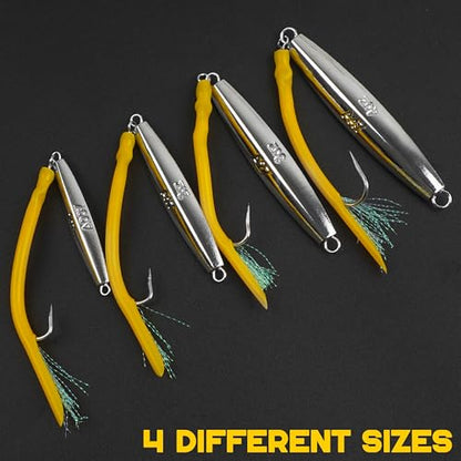 Diamond Jig Saltwater Fishing Lure, 2/3pcs Casting Jigging Spoons with Split Tube Tail Striped Bass Flat Metal Jig for Surf Fishing Bottom Sinking Bouncing Deep Sea Ocean 1-10oz - size: 1oz, style: 2pcs-yellow