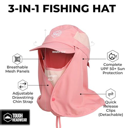 Tough Headwear Fishing Cap w/Face Mask & Neck Flap - Sun Protection Hat with UPF 50 -Landscaping Hats for Women and Men - color: Pink