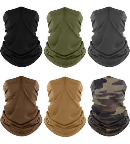 Fuinloth Neck Gaiter, 6 Pack Cooling UV Protection Bandana Face Mask Gator | Breathable Sweat Wicking, UPF 50, Sun Wind Dust Shield, Quick Dry & Washable, 95% Polyester 5% Spandex - color: Black+gray+green+camo+sand+brown