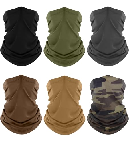 Fuinloth Neck Gaiter, 6 Pack Cooling UV Protection Bandana Face Mask Gator | Breathable Sweat Wicking, UPF 50, Sun Wind Dust Shield, Quick Dry & Washable, 95% Polyester 5% Spandex - color: Black+gray+green+camo+sand+brown