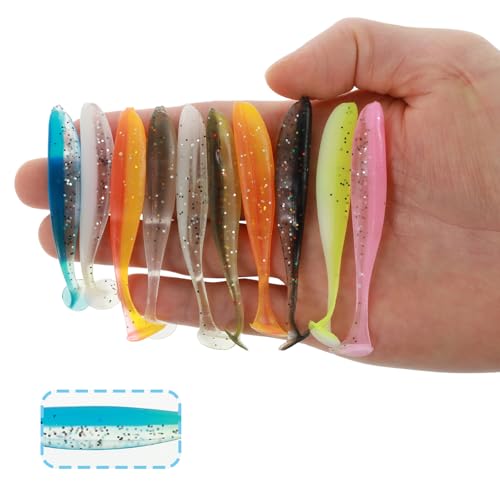 50 PCS Soft Plastic Baits Paddle Tail Swim Baits Fishing Lures Glide Bait Paddle Tail Swimbaits Lures Bass Fishing Bait Pre-Rigged Jig Head Soft Fishing Lures Kit Trout for Saltwater Freshwater