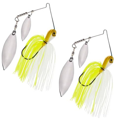 Reaction Tackle Tungsten Double Willow Spinnerbait, Compact Profile Bass Fishing Lure with Flash and Vibration for Largemouth and Smallmouth Bass (2-Pack) - color: Chartreuse White, size: 3/8 Oz