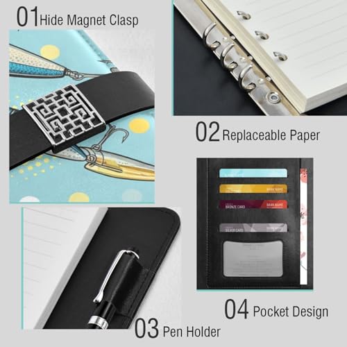 Fishing Lures Print A5 PU Leather Refillable Binder,Business Notebook Travel Planner with Expandable Pockets,6-Ring,Pen Storage & Easy-Clean Surface for Daily Use - color: Fishing Lures Print