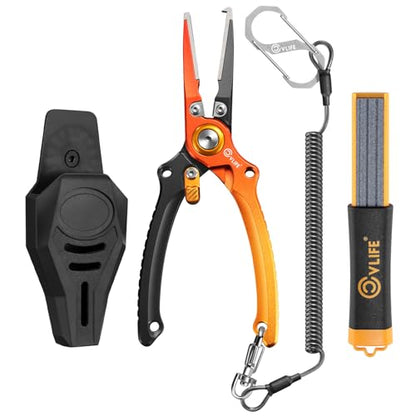 CVLIFE Fishing Pliers, Saltwater Hook Remover Kit, 7.5 Inch Aluminum Split Ring Pliers for Fishing with 17-4 PH Stainless Steel Jaws, Sheath, Tungsten Cutters Hook Sharpener & S-Carabiner - color: Orange