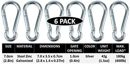Black & Silver Zinc-Galvanized Heavy Duty Bushcraft Carabiner Spring Snap Clip Link Hooks 200-500lb Load 2, 6 & 12 Packs - color: 7cm (2.8in) Silver 6 Pack