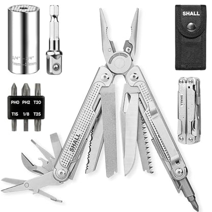 SHALL Multi Tool, 18-in-1 Multitool Pliers, Stainless Steel Multi-tool Pocket Knife w/Screwdriver Bit & Universal Socket, Self-locking Multipurpose Tool w/Sheath for Camping Fishing Survival Hunting - size: Multitool with Universal Socket