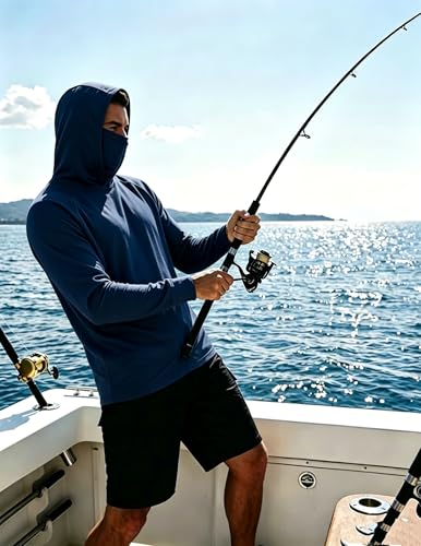 LeeHanTon Men UPF 50+ Sun Protection Hoodie Long Sleeve Shirts Dry-Fit UV Breathable Work Athletic Summer Pullover Sweatshirt - color: A-navy-with Mask, size: Small