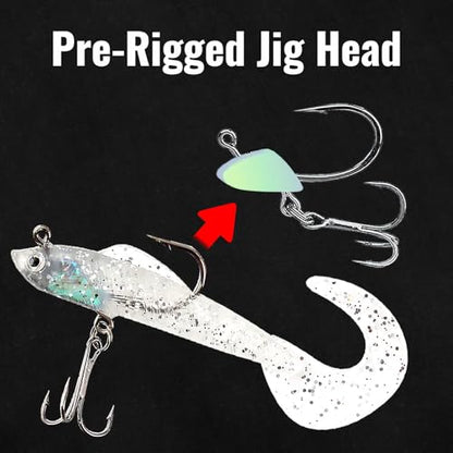 Soft Fishing Lures for Bass 6pcs Curly Tail Swimbaits Pre-Rigged Jig Head Baits with Tackle Box for Freshwater Saltwater Trout Crappie Walleye Realistic Action 3D Eyes Sharp Hooks Kit