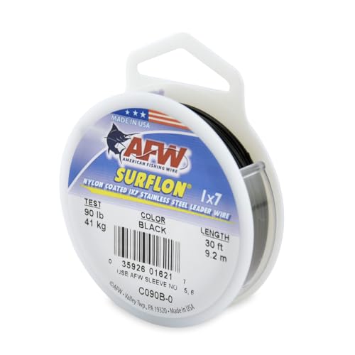 American Fishing Wire Surflon Nylon Coated 1x7 Stainless Steel Wire Leader - Wire Fishing Leader Line for Saltwater 10lb Up To 250lb Test in Bright, Black, Camo in 30ft, 100ft, 300ft, & 1000ft Lengths - color: Black, style: 30 Feet, 90 Pound Test
