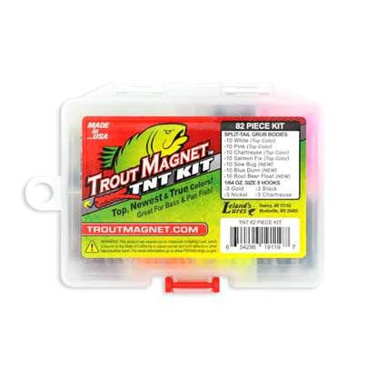 Trout Magnet TNT Kit – 82-Piece Set with 70 Soft Plastic Bodies & 12 Jig Heads – Top 7 Hot Colors – Includes 1/64oz Shad-Dart Heads in Gold, Black, Silver & Chartreuse – Ultimate Trout Fishing Lure